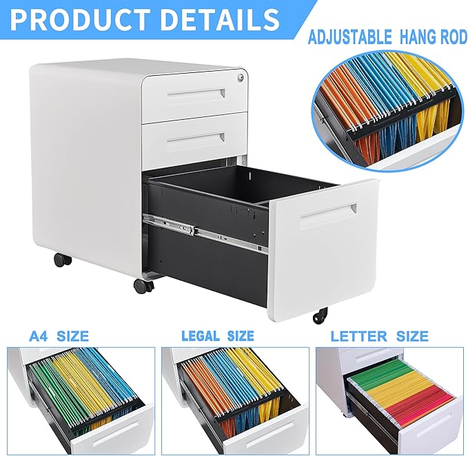 Letaya File Cabinet, 3 Drawer Filing Cabinets for Home Office with Lock Mobile Under Desk Fully Assembled Cabinet (White)