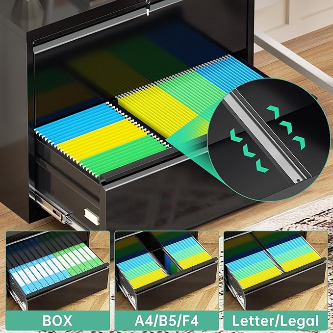 Bonusall Lateral File Cabinet with Lock, 2 Drawer Locking Lateral Filing Cabinet for Legal/Letter Size, Metal Horizontal File Organizer with Hanging Rack for Home Office, Heavy Duty, Black