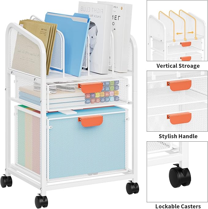 Marbrasse Rolling File Cart with Adjustable Dividers, Mobile File Cabinet on Lockable Wheels, Office Filing Cabinet Organizer, Hanging File Folder Organizer for Home Office - White