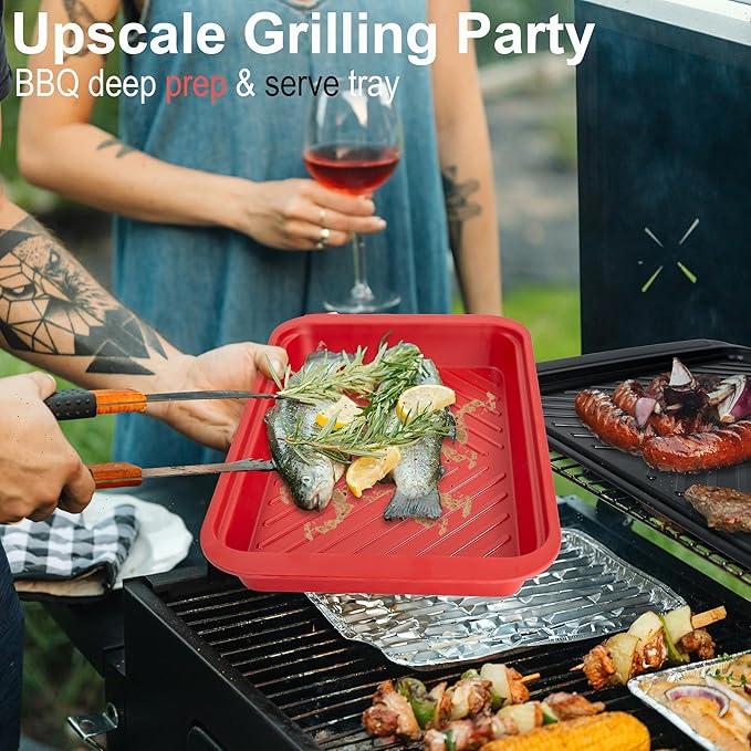 Grilling Prep and Serving Tray with Lid, Bamboo BBQ Deep Trays for Marinating Raw and Cooked Food, Melamine Serving Trays for Food, Black and Red