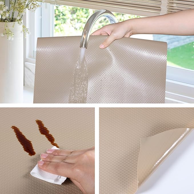 Beige Shelf Liners for Kitchen Cabinets Non Adhesive Drawer Liner for Bathroom Waterproof Refrigerator Liners for Shelves Fridge Plastic Mats Cabinet Cupboard Liner 17.5 x 236.2 Inches
