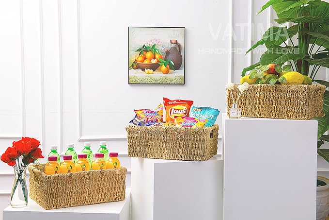 Large Natural Wicker Basket Rectangular with Wooden Handles, Seagrass Storage for Organizing, Shelves 15.5 x 10.6 x 5.5 inches