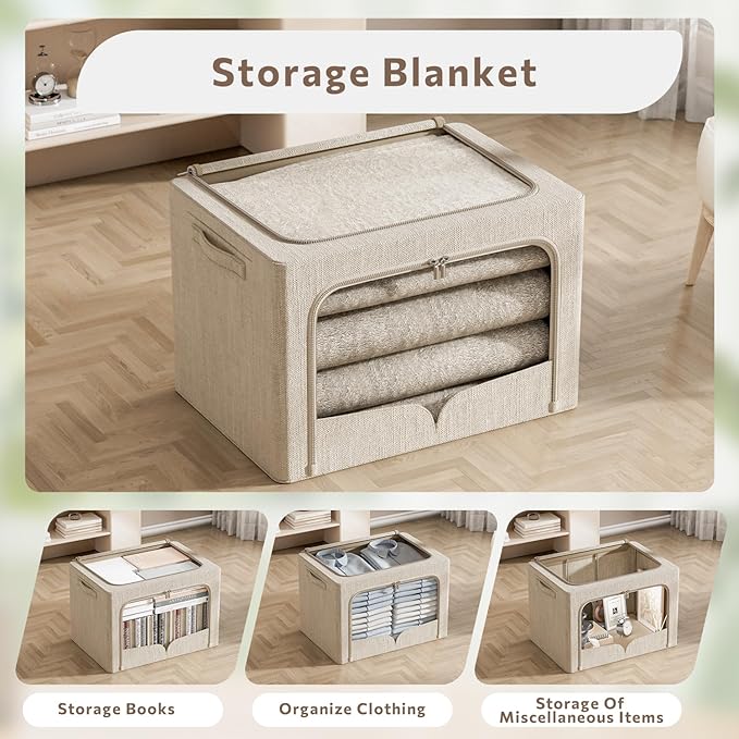FHSQX 3 Pack Clothes Storage Bins Foldable Metal Frame Storage Box Stackable Linen Fabric Organizer Set with Carrying Handles and Clear Window (Beige, 15.7x11.8x7.8inch(22L))