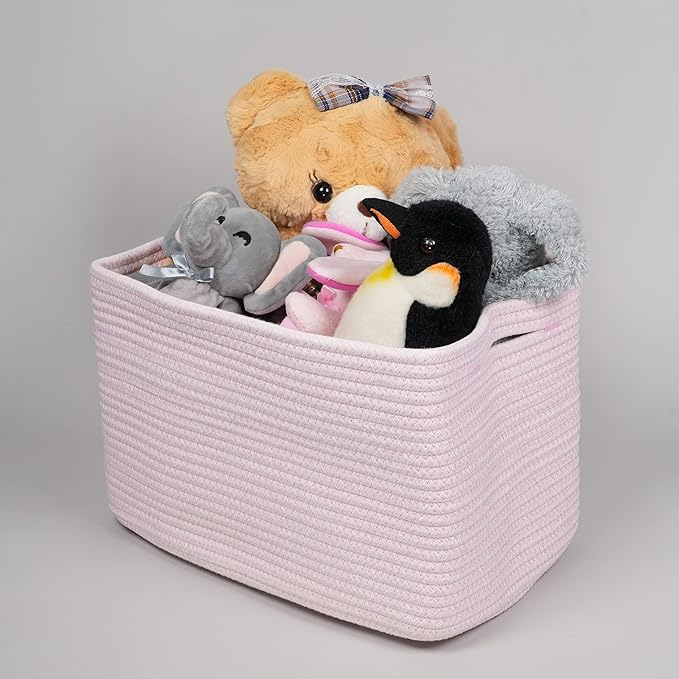 Cotton Rope storage Basket Bins Woven Basket for Organizing Shelves 15X10X9.3" Rectangle Decorative Baskets For storage Clothes Toys Books Towels Nursery basket organizer 3 pack light pink