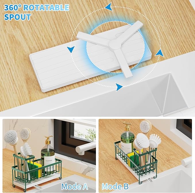 Cisily Sponge Holder for Kitchen Sink, Sink Caddy Organizer with High Brush Holder, Countertop Organizers and Storage Rustproof 304 Stainless Steel, Dark Green Kitchen Decor and Accessories