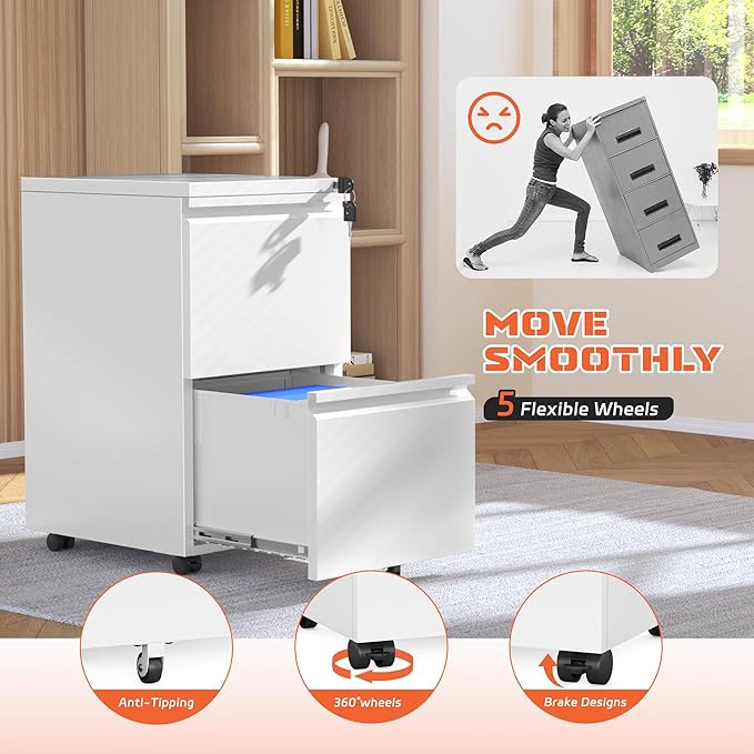 INTERGREAT Mobile File Cabinet with Lock,Under Desk Metal Filing Cabinet for Home Office, White 2 Drawer File Cabinets with Wheels for Legal/Letter/A4 File