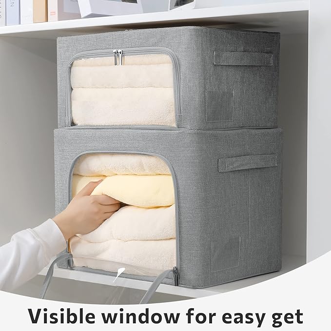 FHSQX 2 Pack Clear Window Storage Bins Foldable Fabric Storage Bins Boxes for Clothes Stackable Box Organizer Set with Carrying Handles (Gray,22L, 15.7x 11.8x 7.8 Inch)