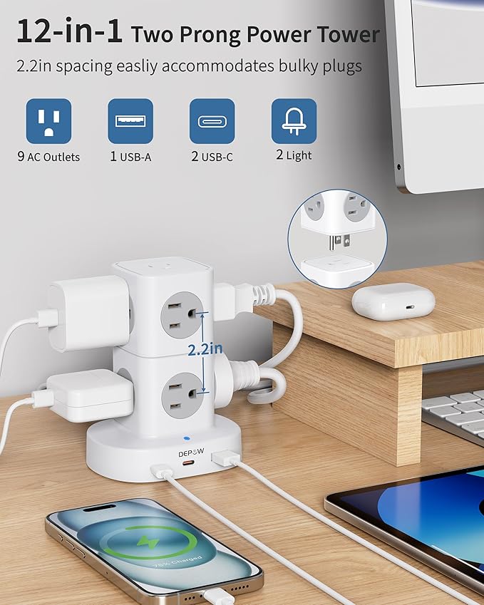 2 Prong Power Strip, 2 to 3 Prong Outlet Adapter with 9 Outlets 3 USB Ports (2 USB C), 1700J Two Prong Surge Protector, 5FT Power Strip Tower, Wall Mount for Old House Non-Grounded Outlets
