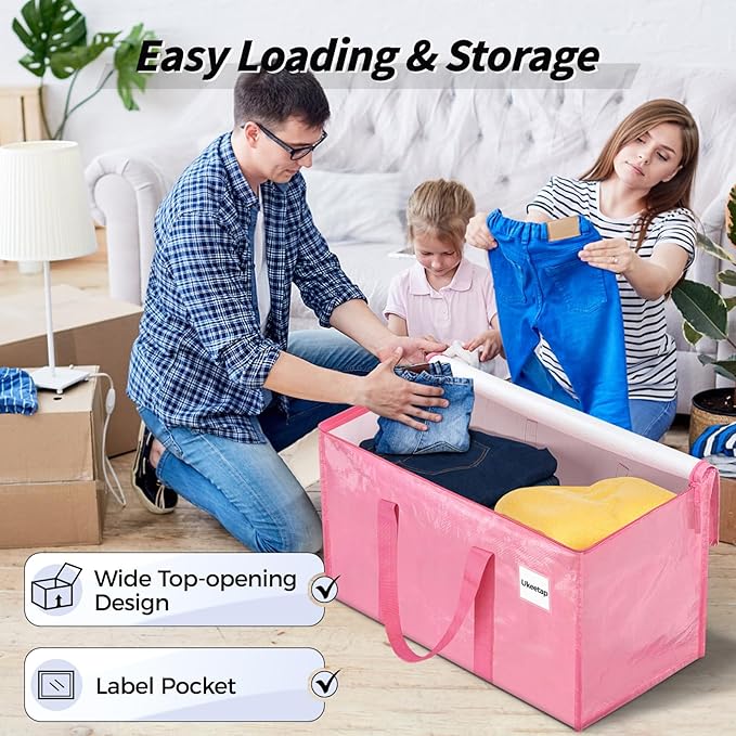 16 Pack Extra Large Heavy Duty Moving Bags, Pink Storage Bins with Lids, Reinforced Handles & Heavy-Duty Zippers Moving Boxes Storage Bags Totes for Clothes Packing, Dorms, College Supplies, Pink