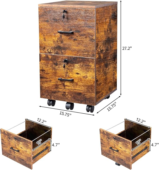 VINGLI 2-Drawer Small Rolling File Cabinet with Lock, Wood Filing Cabinet for Hanging Letter Size Filings with Tabs, Mobile Under Desk File Cabinets for Home Office, Rustic Brown, 27.2" H