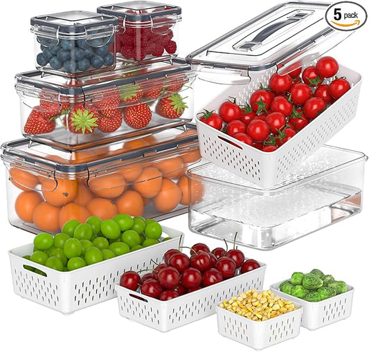 5 Pcs Fruit Storage Containers For Fridge with Removable Colander and Handle Lid, Refrigerator Organizers and Storage, Airtight Container to Keep Berry Fruit and Vegetable Fresh Longer Dishwasher Safe