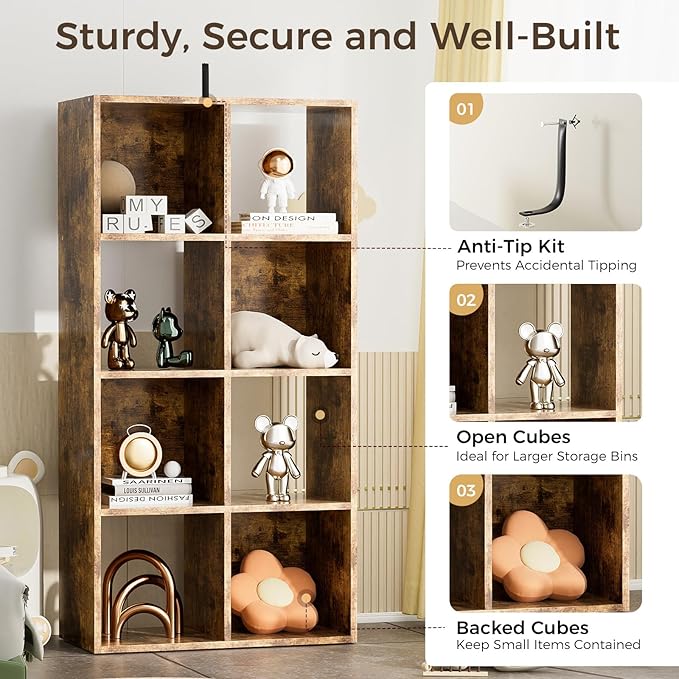 COMHOMA 8 Wood Cube Storage Organizer with Open Back and Removable Back Panels, 11In Brown Cube Storage Bookshelf, Cubicle Shelf Bookcase for Home Office Bedroom Living Room, Vertical or Horizontal