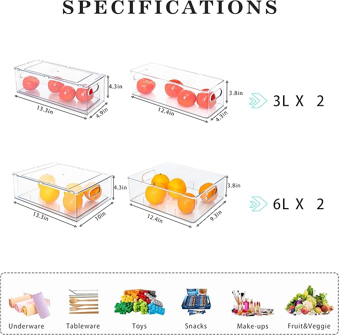 Mano Fridge Drawer Pull Out Stackable Bins with Handle Clear Refrigerator Drawers Organizer Food Storage Container Box with Dividers Plastic Produce Saver for Pantry, Cabinet, Kitchen, Clothes（4Pack）