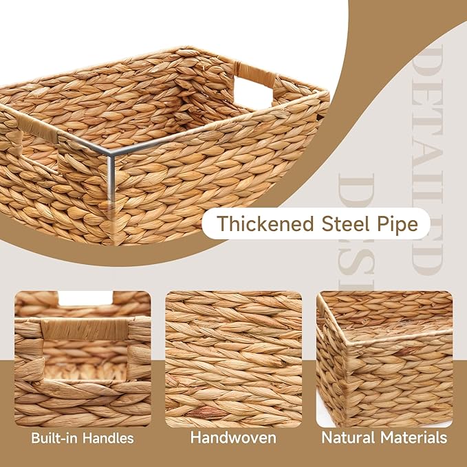 3 Pack Natural Water Hyacinth storage basket with Handle, Rectangular Wicker Basket for Organizing, Decorative Wicker Storage Basket for Living Room, 3 Mixed Sizes