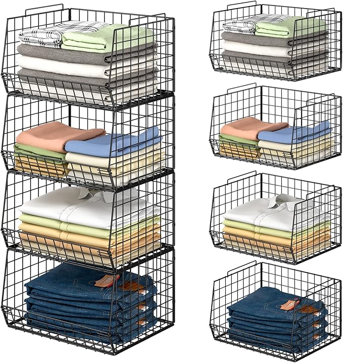 4-Tier Stackable Closet Organizers and Storage Shelves, Foldable Closet Shelf Organizer System, Space-Saving Clothes Storage Drawer Organizer Basket Bins, Black