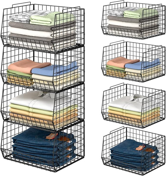 4-Tier Stackable Closet Organizers and Storage Shelves, Foldable Closet Shelf Organizer System, Space-Saving Clothes Storage Drawer Organizer Basket Bins, Black
