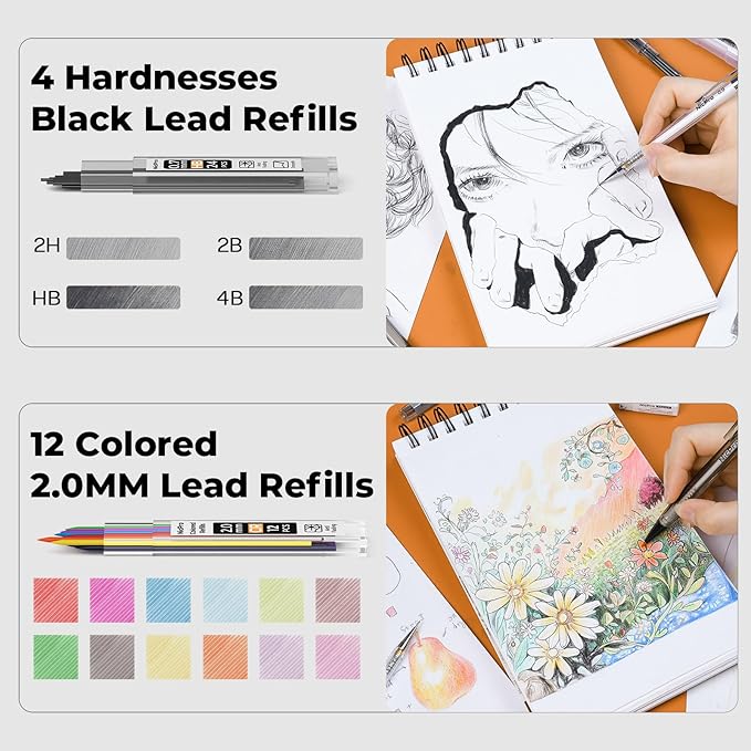 Nicpro 26PCS Art Drawing Supplies Kit, Mechanical Pencils Set 0.5, 0.7, 0.9 & 2mm, 100 Sheets Sketch book, 172PCS Lead Refills, School Supplies Gifts for Artist Adults Teens Girls Boys Kids Sketching