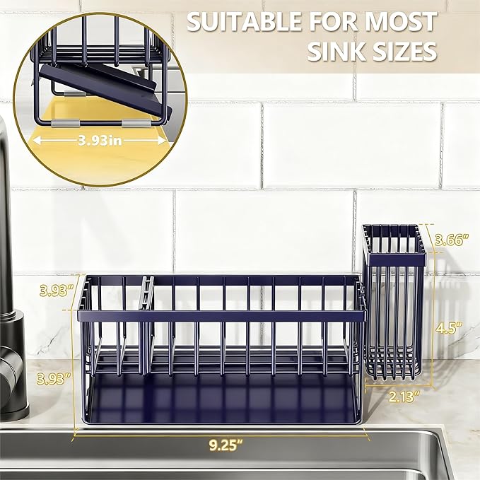 Cisily Navy Blue Sink Caddy Organzier with High Brush Holder, Sponge Holder for Sink, 304 Rustproof Stainless, Kitchen Countertop Soap Dispenser Organizer, Gray Blue Kitchen Decor and Accessories