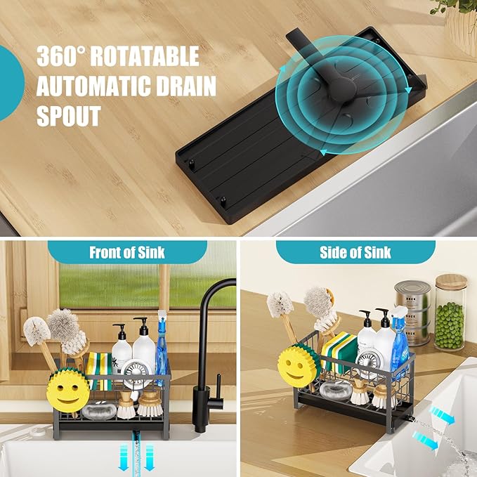 Sponge Holder for Kitchen Sink with Flexible Sponge Holder Smiley Face,2 Tier Kitchen Sink Organizer Countertop and Storage Essentials,Soap Dispenser Organize,Home Decor Accessories-Gray