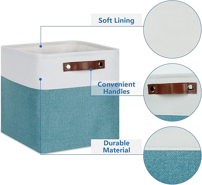 Temary 11 Inch Cube Storage Bins Cubes Storage Baskets 4 Pack Fabric Baskets for Gift Empty, Collapsable Fabric Storage Cubes Basket for Storage clothes, Teal Storage Bins for Shelves (White&Teal)