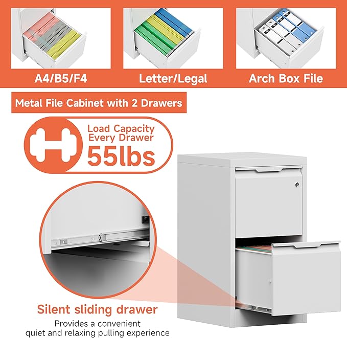 Metal Filing Cabinet with Lock,Vertical File Cabinet 2 Drawer,White File Cabinet with Lock for Home Office/Legal/Letter/A4,Lockable File Cabinets for Hanging File -Assembly Required