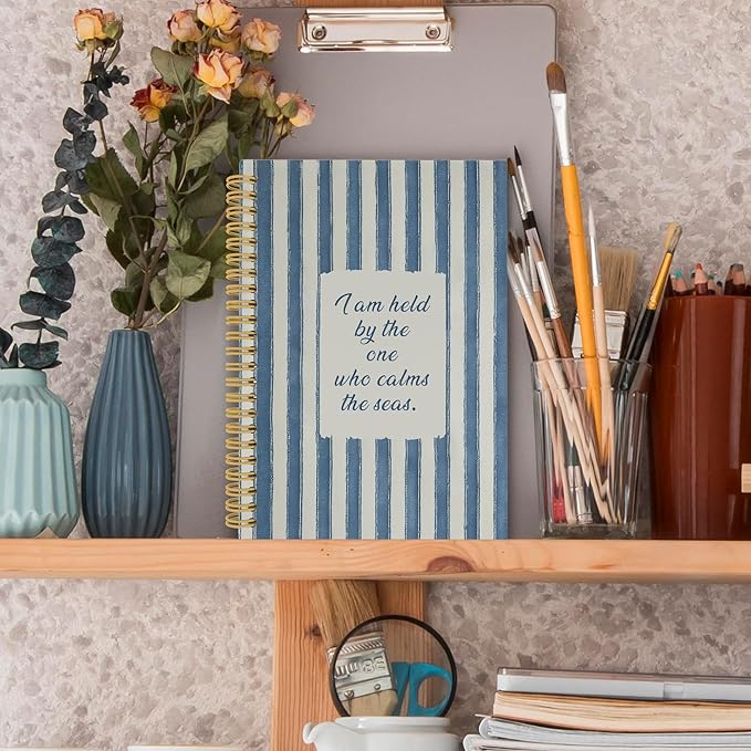 XPH Coastal Christian Spiral Notebook, Bible Verse Journaling Notebooks for Prayer, Blue Striped Religious Hardcover Journal for Writing 160 Pages 5.5 x 8.3 Inch, Christian Gifts for Women Men