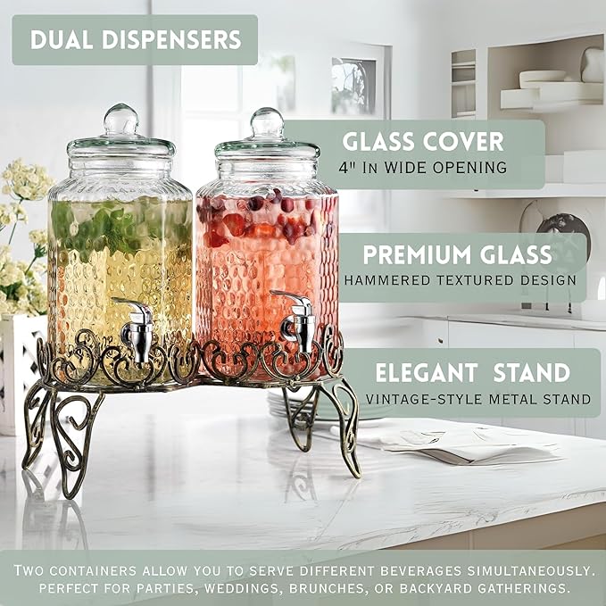 Classic Hammered Glass Beverage Dispenser with Elegant Stand (Set of 2), 1 Gallon Glass Drink Dispenser with Stand & Spigot, Party Drink Dispensers for Lemonade, Punch, Water, Juice
