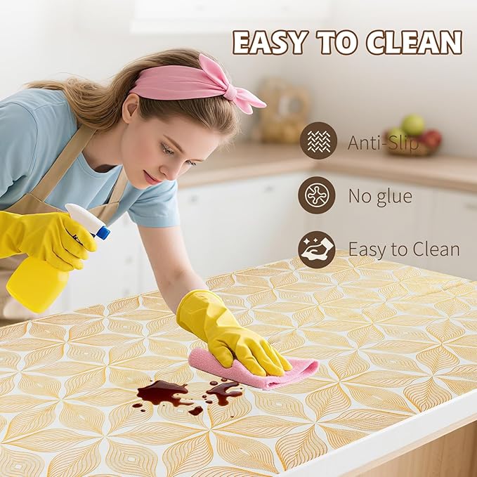 Drawer and Shelf Liner for Kitchen Cabinet,Non-Adhesive Waterproof Drawer Liner for Dresser & Bathroom Vanities with Adhesive Dots & Cutting Tool(18 in X 30 Ft Gold Leaf Pattern)