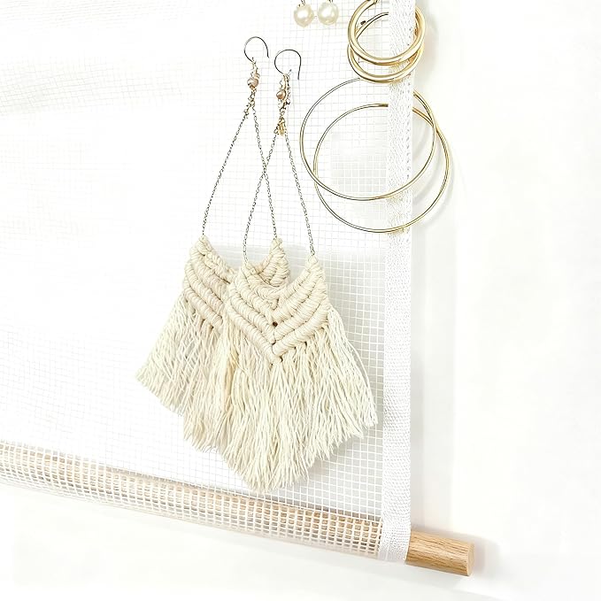Mesh Earring Organizer with Wooden Rods Hanging Jewelry Display Holder for Earring Necklaces Bracelet Gift 13.7 * 23.6 Inches