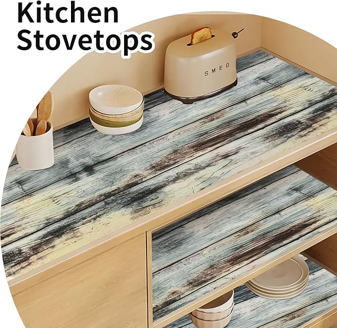 Shelf Liners for Kitchen Cabinets Non Adhesive Drawer Liner 17.5in x 20FT Blue Shiplap Quatrefoil Thickened Shelf Liner Strong Non-Slip Easy to Clean Tool Box Refrigerator with Knife and Tape Measure