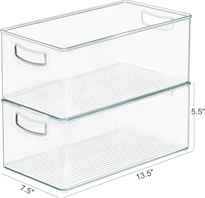 2 Pack Clear Freezer Organizer Bins Stackable Storage Bins with Side Handles for Kitchen Pantry Cabinet Organzation and Storage