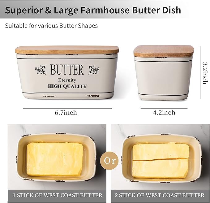 Hasense Farmhouse Butter Dish with Lid for Countertop, Vintage Butter Keeper Holder, Large Container for Fridge with Freshness Seal, Enhance Kitchen Decor, Holds Two Sticks of Butter, White
