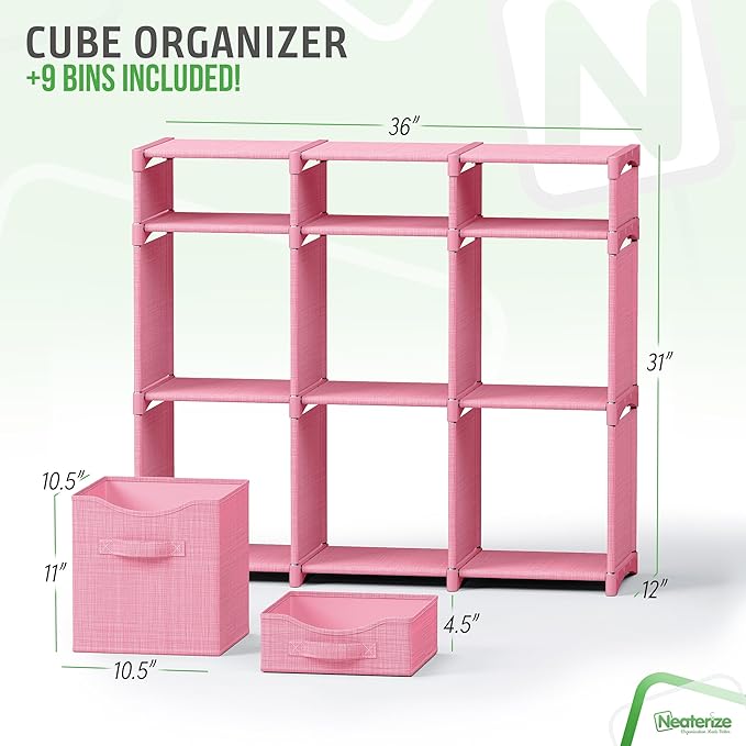 9 Cube Closet Organizers And Storage | Includes All Storage Cube Bins | Easy To Assemble Closet Storage Unit With Drawers | Room Organizer For Clothes, Baby Closet Bedroom, Playroom, Dorm (Pink)