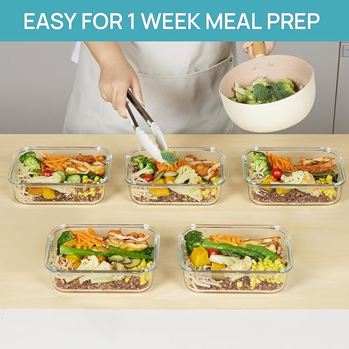 Vtopmart 5 Pack 35oz Glass Food Storage Containers with Lids, Meal Prep Containers, Airtight Reusable Lunch Container Set, Safe for Oven, Microwave, Freezer, and Dishwasher, Grey