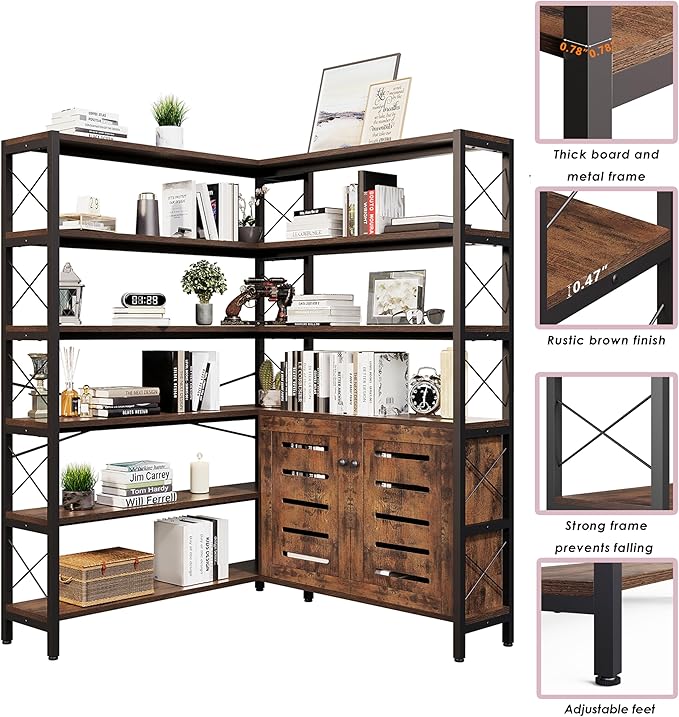 6-Shelf Corner Bookshelf, Vintage Industrial Corner Shelf Etagere Bookcase, Large Book Shelf with Metal Frame Open Storage Corner Cabinet (Brown-Lockers, Large)