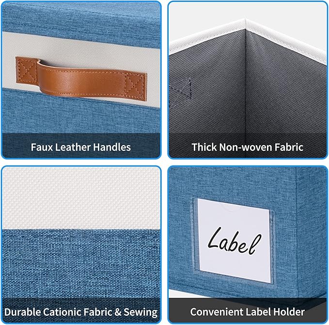 GhvyenntteS Fabric Storage Bins with Lids (3 Pack), Large Closet Storage Baskets with Lid and 3 PU Handles, Foldable Fabric Storage Boxes with Label Window for Home Office (Blue, 15" x 11" x 9.7")