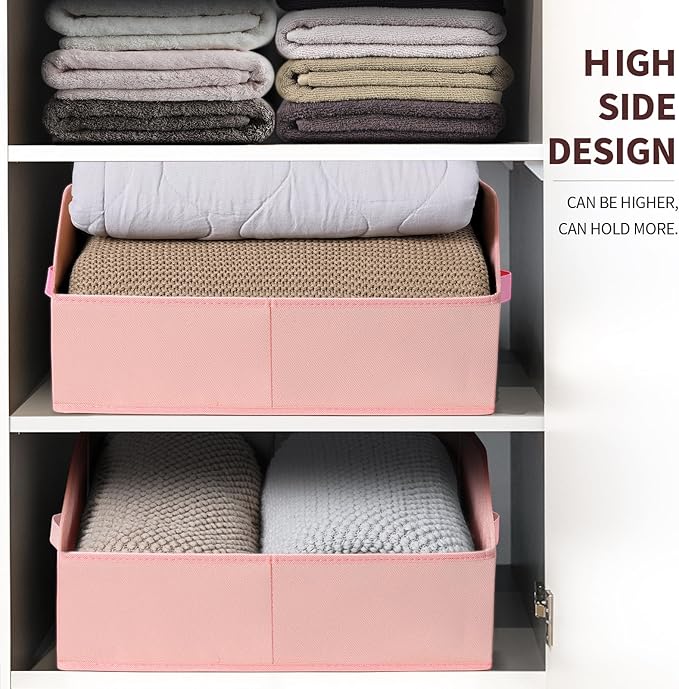 Closet Baskets for Shelves Trapezoid - Decorative Storage Baskets with Handle, Closet Bins for Organization, Shelf Storage Bins for Clothes, Books, Home, Office, 6 Pack, Pink