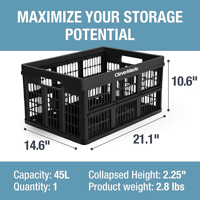 CleverMade Collapsible Utility Crates-Obsidian 3pck 45L / 11 Gal holds 66 lbs - Stackable Containers Heavy Duty Capacity Crates Space-Saving Baskets