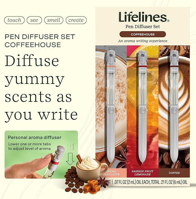 Lifelines Pen Diffuser Set, Coffeehouse 3-Pack - 1mm Black Ballpoint Pens with Scented Essential Oil Blends – Aromatherapy Diffuser & Sensory Immersion Diffuse Aroma As You Write