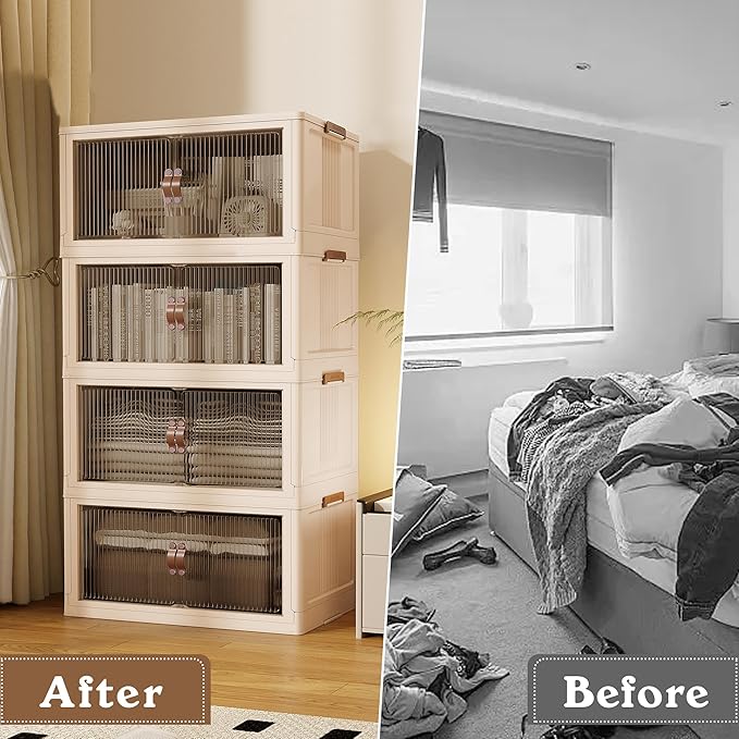 SAILUN 116Gal/464Qt Stackable Storage Bins Folding Collapsible Storage Bins with Lid, Closet Organizers and Storage Box Beige 26" W x 17" D x 56.7" H