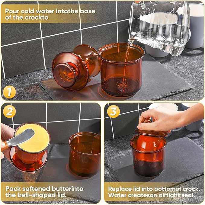 Butter Crock, Elegant Crystal Glass French Butter Dish for Fresh Spreadable Butter, Butter Keeper, Glass Butter Keeper to Leave On Counter,Amber