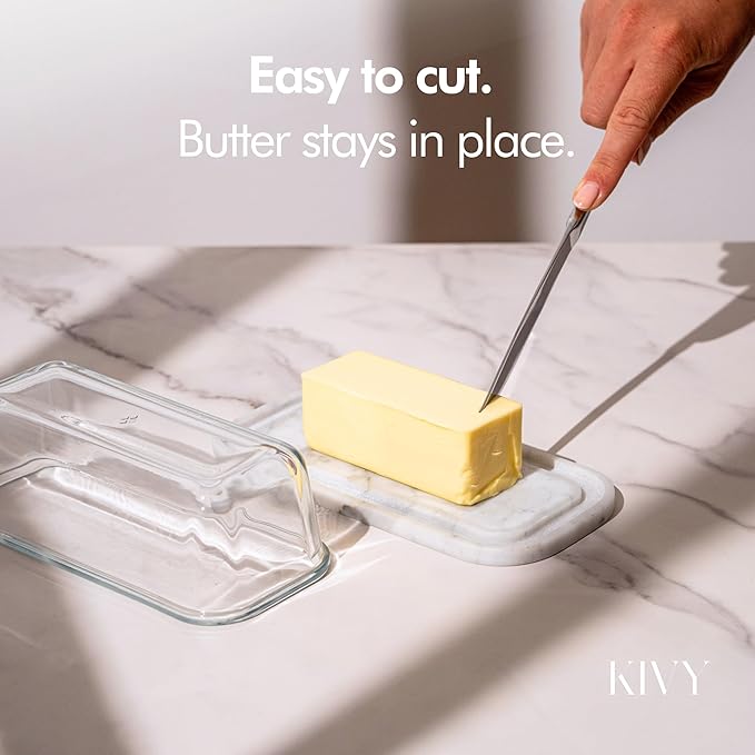 KIVY Butter Dish (White Marble & Glass) - For countertop and refrigerator door shelf - Marble butter keeper - Stone butter dish - Glass butter dish with lid - Dishwasher Safe
