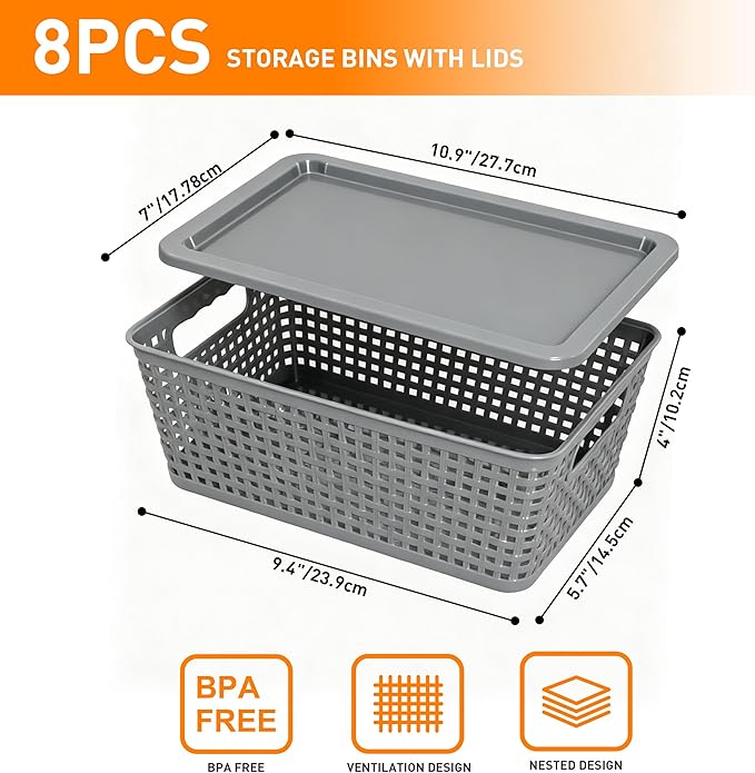 Plastic Storage Baskets With Lid, Storage Bins for Organizing, Stackable Decorative Containers for Shelves Drawers Desktop Closet Playroom Classroom Office, 8 Pack-Grey