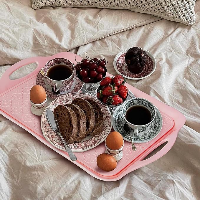 LEHAHA Melamine Serving Tray with Handles, 17.25 x 12 Inch Aesthetic Serving Platters and Trays with Curved Sides, Tray for Lunch, Coffee, or Breakfast, 4pcs Set, Silicone placemats Included,Pink