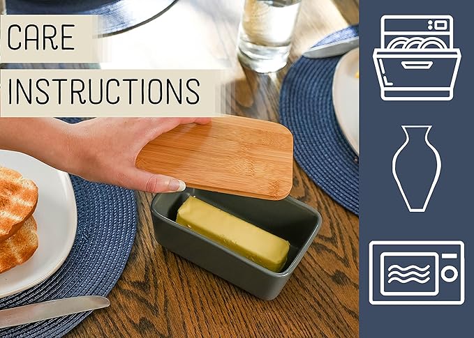 Nat & Jules Ceramic Stoneware 1/2 Pound, 2 Sticks Butter Dish with Airtight Bamboo Lid, Kitchen Accessory, Container Holder, Refrigerator Storage and Countertop Organization, Matte Grey