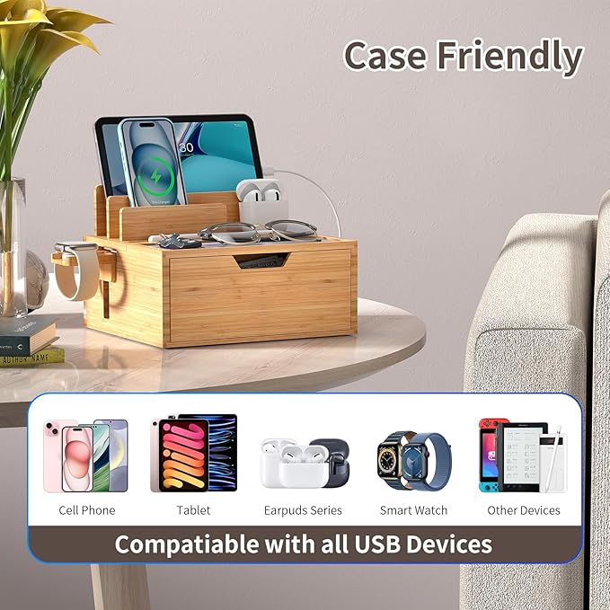 Multi-Device Charging Station Dock & Organizer, with Power Supply (5 Ports HUB), and Cables, Bedside Docking Station with Drawer Compartment -Natural Bamboo