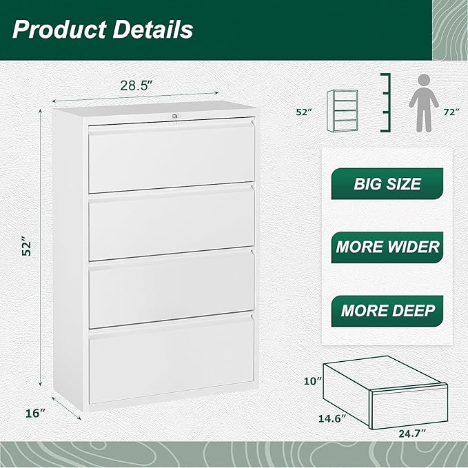 Bonusall 4 Drawer Lateral File Cabinet with Lock, Locking Metal lateral Filing Cabinet for Office Steel lateral File Cabinet, Large Horizontal File Cabinet Locked by Keys-White