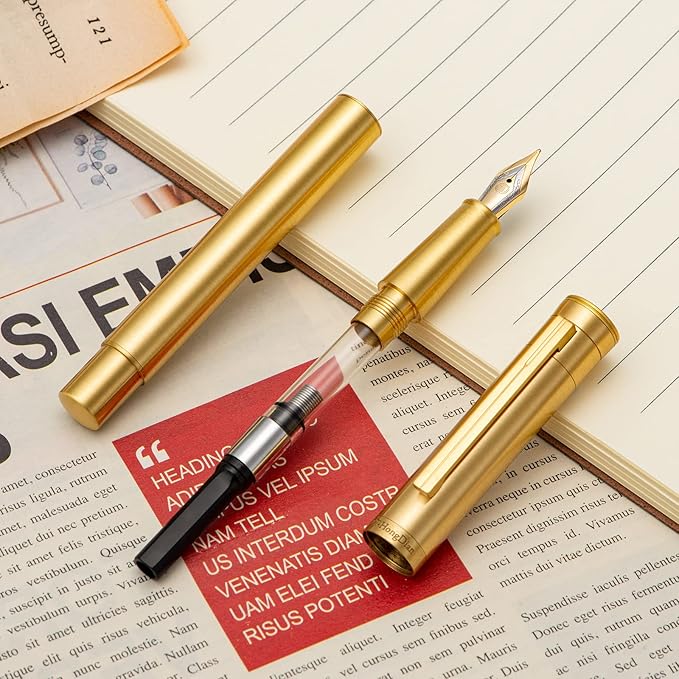 Hongdian Raw Brass Fountain Pen Extra Fine Nib Classic Design Smooth Writing Copper Pen with Converter and Pen Case Set