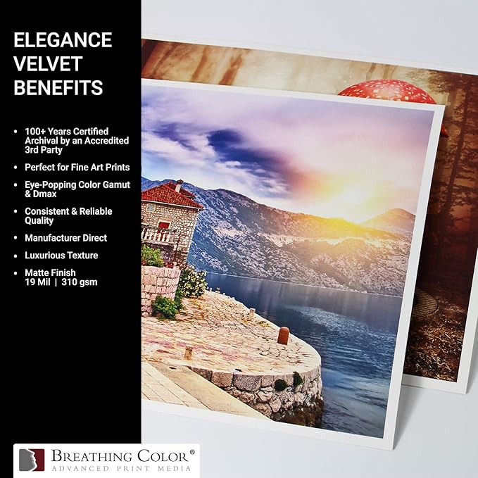 Elegance Velvet 60 in x 40 ft roll is a Premium Matte 310 gsm, Cold Pressed Bright White Museum Grade Fine Art Inkjet Paper, Compatible with Most Dye-Based and Pigment Printers