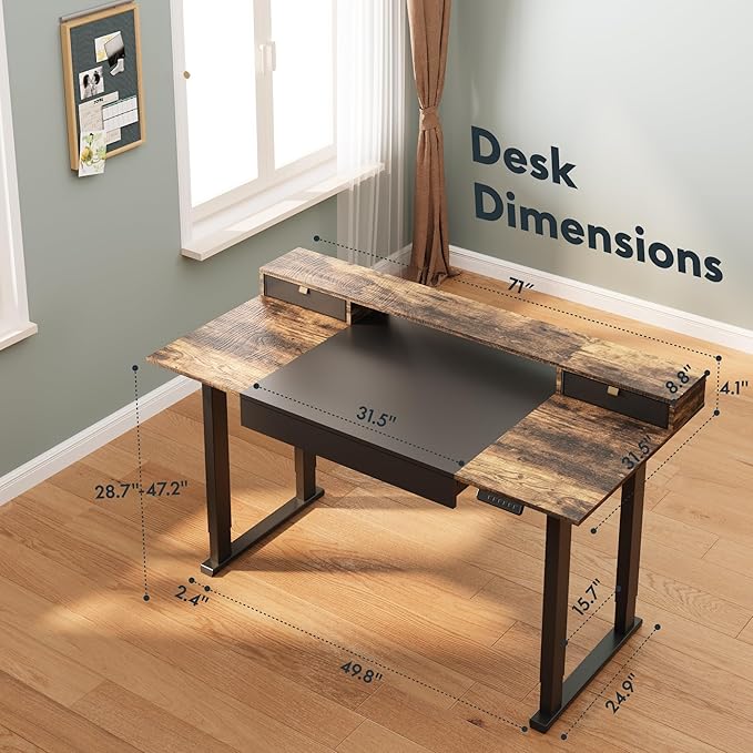 SANODESK Electric Standing Desk with 2 Drawers, 71 x 32 inch Height Adjustable Computer Desk, Home Office Stand Up Desk with 4 Preset Heights, Dark Walnut